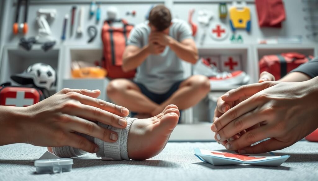 A detailed close-up illustration of first aid techniques for common sports injuries, captured in a clean, informative style. The foreground depicts a person's hands treating a sprained ankle, with bandages and ice packs. The middle ground shows a person applying pressure to a bleeding wound, while the background features various sports-related medical equipment and supplies. The lighting is soft and diffused, creating a clinical yet approachable atmosphere. The overall composition emphasizes the step-by-step process of providing immediate care for athletic injuries. A detailed close-up illustration of first aid techniques for common sports injuries, captured in a clean, informative style. The foreground depicts a person's hands treating a sprained ankle, with bandages and ice packs. The middle ground shows a person applying pressure to a bleeding wound, while the background features various sports-related medical equipment and supplies. The lighting is soft and diffused, creating a clinical yet approachable atmosphere. The overall composition emphasizes the step-by-step process of providing immediate care for athletic injuries.