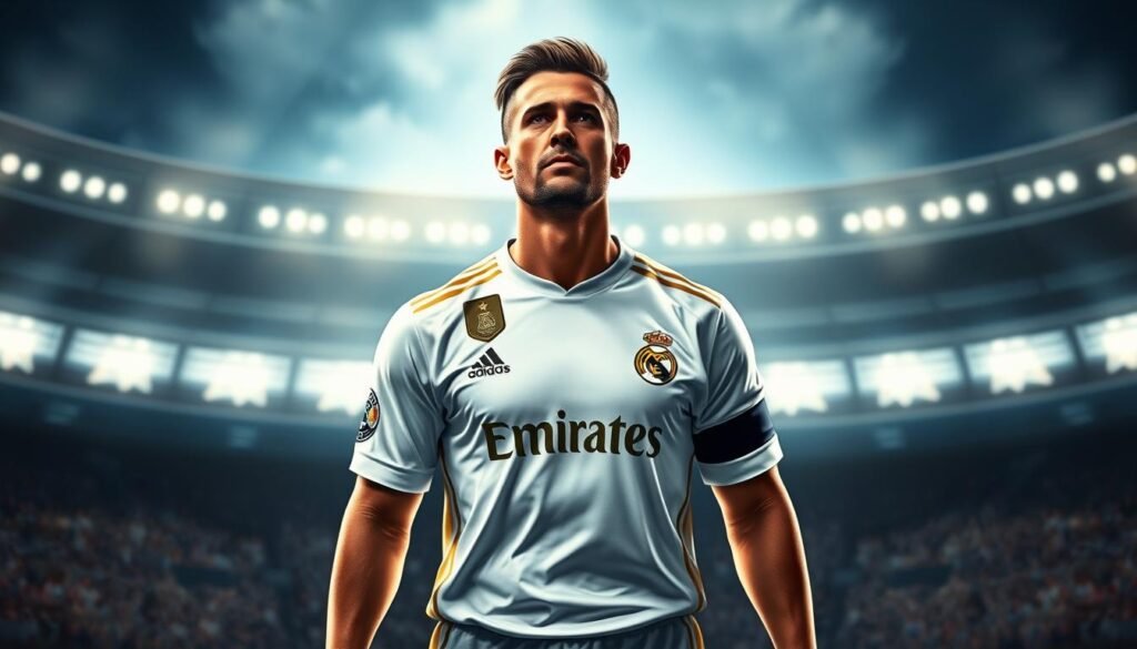 A detailed, hyperrealistic illustration of an iconic Real Madrid football player in the classic white and gold uniform, standing in a heroic pose against a dramatic, cinematic backdrop. The player's facial features and physique should be meticulously rendered, conveying a sense of power, athleticism, and elite-level skill. The background should feature a blurred, out-of-focus crowd in the stadium, with dramatic lighting and shadows to create a sense of grandeur and importance. The overall composition should evoke a feeling of awe and reverence, capturing the essence of a transformative, record-breaking football transfer.