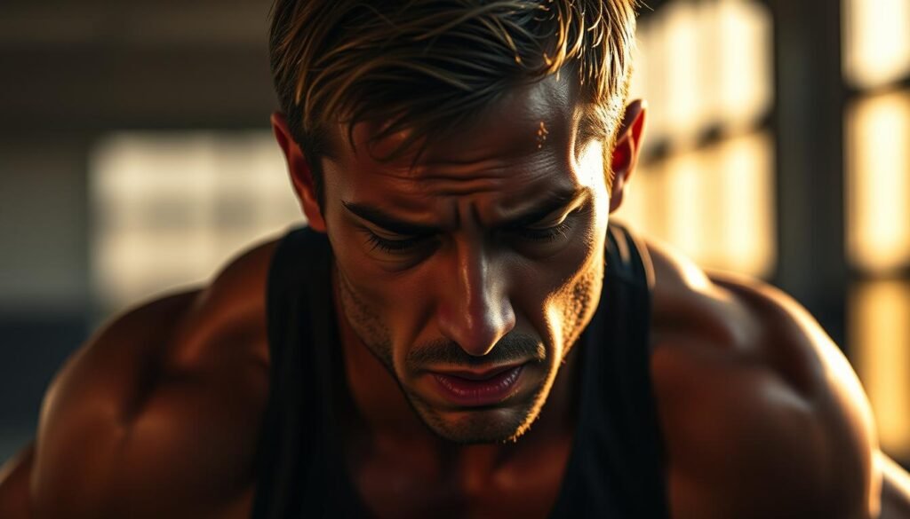 A diligent athlete straining under the weight of intense training, their body language conveying exhaustion. Sunken eyes, slumped shoulders, and a fatigued expression suggest the telltale signs of overtraining. The scene is bathed in a warm, golden light, casting dramatic shadows that highlight the athlete's struggle. The background is intentionally blurred, keeping the focus on the athlete's physical and mental state. The composition is balanced, with the athlete positioned centrally, drawing the viewer's attention to their plight. This image aims to convey the subtle, yet profound, impacts of overtraining on an athlete's wellbeing. A diligent athlete straining under the weight of intense training, their body language conveying exhaustion. Sunken eyes, slumped shoulders, and a fatigued expression suggest the telltale signs of overtraining. The scene is bathed in a warm, golden light, casting dramatic shadows that highlight the athlete's struggle. The background is intentionally blurred, keeping the focus on the athlete's physical and mental state. The composition is balanced, with the athlete positioned centrally, drawing the viewer's attention to their plight. This image aims to convey the subtle, yet profound, impacts of overtraining on an athlete's wellbeing.