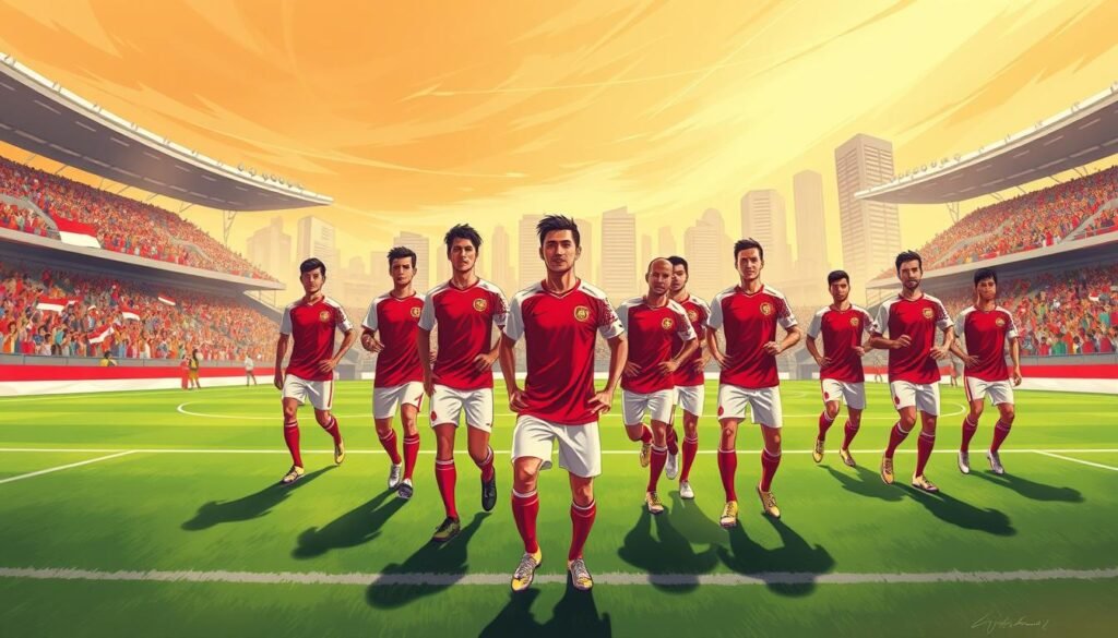 A dynamic and vibrant illustration of the Indonesian national football team, the Timnas Indonesia, taking the field in an international match. The players, adorned in their iconic red and white uniforms, stand united and resolute, their expressions filled with determination. The foreground showcases the team's skilled players, each one a testament to the nation's football heritage. The middle ground features the stadium, its grandstands filled with passionate fans waving the Indonesian flag, creating an electrifying atmosphere. In the background, the cityscape of a bustling Indonesian metropolis serves as a backdrop, underscoring the team's connection to their homeland. The lighting is warm and natural, casting a golden glow over the scene, and the camera angle is slightly elevated, giving a sense of power and authority to the team's presence on the pitch. A dynamic and vibrant illustration of the Indonesian national football team, the Timnas Indonesia, taking the field in an international match. The players, adorned in their iconic red and white uniforms, stand united and resolute, their expressions filled with determination. The foreground showcases the team's skilled players, each one a testament to the nation's football heritage. The middle ground features the stadium, its grandstands filled with passionate fans waving the Indonesian flag, creating an electrifying atmosphere. In the background, the cityscape of a bustling Indonesian metropolis serves as a backdrop, underscoring the team's connection to their homeland. The lighting is warm and natural, casting a golden glow over the scene, and the camera angle is slightly elevated, giving a sense of power and authority to the team's presence on the pitch.