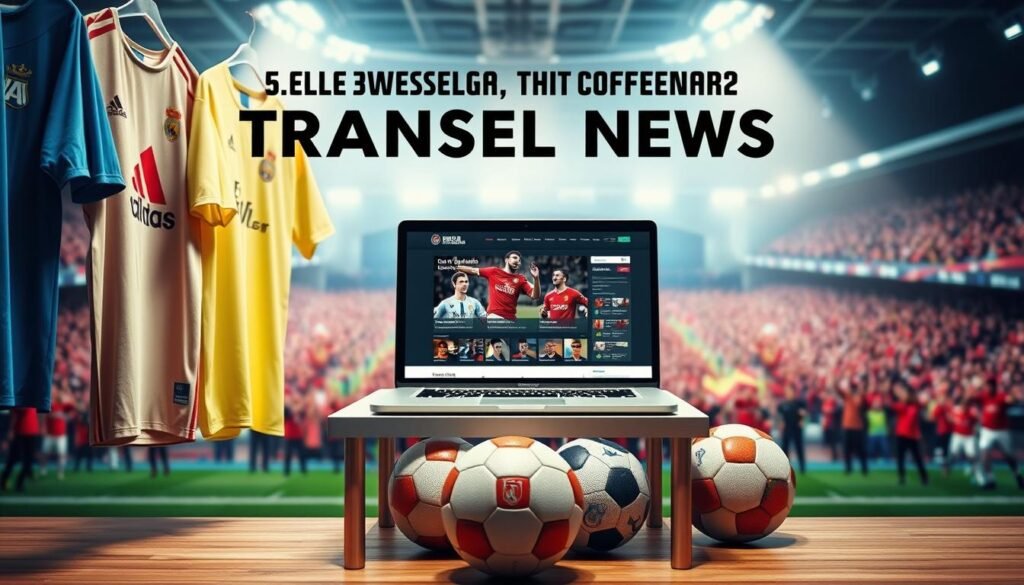 A dynamic digital collage illustrating the latest football transfer news, centered around vibrant visuals of player jerseys and transfer headlines. In the foreground, prominent football jerseys hung on display, representing well-known Bundesliga teams, slightly wrinkled and paired with footballs. In the middle ground, a table with a laptop showing a football transfer website, where player images and statistics are visible. The background features an abstract representation of a football stadium filled with cheering fans, subtly blurred to emphasize the foreground elements. The lighting should be bright and engaging, creating an energetic atmosphere, while maintaining clarity. The scene is captured from a slight overhead angle, inviting viewers into the vibrant world of football transfers without any text or distractions. A dynamic digital collage illustrating the latest football transfer news, centered around vibrant visuals of player jerseys and transfer headlines. In the foreground, prominent football jerseys hung on display, representing well-known Bundesliga teams, slightly wrinkled and paired with footballs. In the middle ground, a table with a laptop showing a football transfer website, where player images and statistics are visible. The background features an abstract representation of a football stadium filled with cheering fans, subtly blurred to emphasize the foreground elements. The lighting should be bright and engaging, creating an energetic atmosphere, while maintaining clarity. The scene is captured from a slight overhead angle, inviting viewers into the vibrant world of football transfers without any text or distractions.