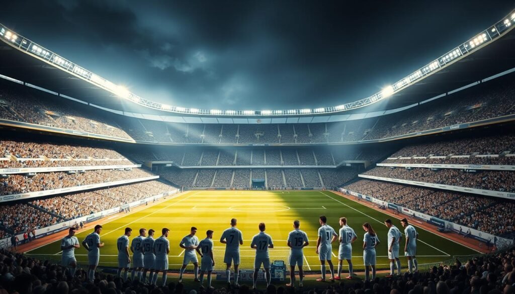 A grand, imposing stadium with the iconic white and gold colors of Real Madrid. The manicured pitch is surrounded by towering stands filled with passionate fans. Dramatic lighting casts long shadows, evoking the club's storied legacy. In the foreground, a cluster of elite players in pristine uniforms, their faces determined as they prepare for the match. The background features the city skyline, hinting at the global reach and commercial power of this legendary football club. An image that captures the prestige, wealth, and on-field excellence that have transformed the world of professional soccer over the decades.