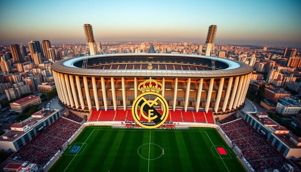 A grandiose aerial view of the iconic Santiago Bernabéu stadium, home of the legendary Real Madrid football club. The imposing structure stands tall, its sleek, modern design and towering floodlights casting a dramatic shadow over the lush green pitch below. In the foreground, the club's famous white-and-gold crest gleams, a symbol of the team's unparalleled success and global appeal. The stadium is surrounded by a bustling urban landscape, with towering skyscrapers and vibrant city life in the background, reflecting the club's place at the heart of Madrid's cultural and economic landscape. The scene is bathed in warm, golden light, evoking a sense of prestige and grandeur befitting one of the world's most prestigious football institutions.