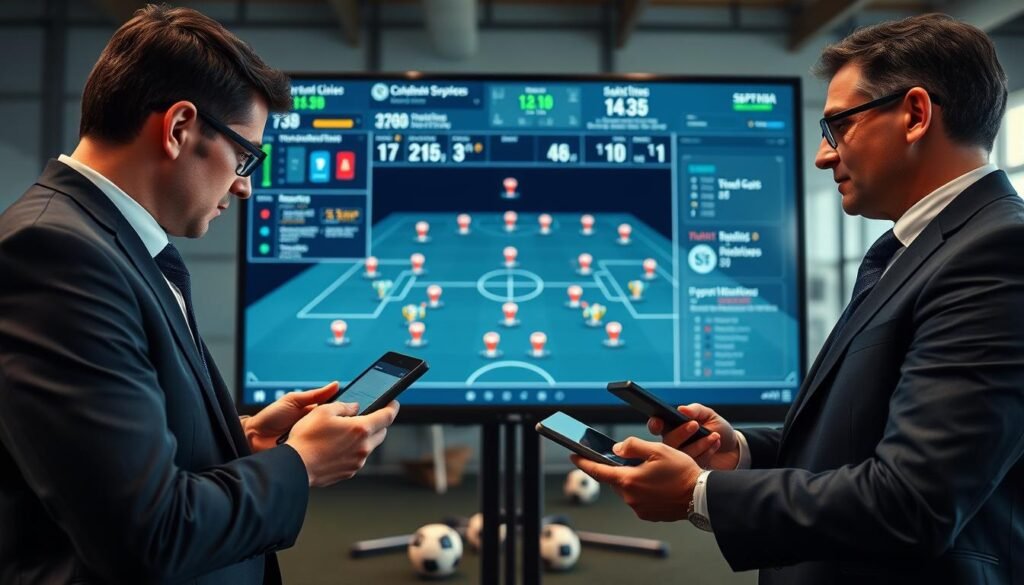 A high-tech analysis platform for soccer coaching, featuring a large screen displaying tactical graphs, player movement patterns, and strategies. In the foreground, focused coaches in professional business attire are engaged in discussion, analyzing data on tablets. The middle layer showcases the sleek interface of the software, with vibrant colors highlighting key statistics and player movements. The background includes a modern sports facility, with training equipment and soccer balls visible. Soft, ambient lighting creates a professional yet dynamic atmosphere, emphasizing innovation in sports analysis. The angle should be slightly elevated to showcase the screen and coaches effectively, capturing their concentration and the intricate details of the software interface. A high-tech analysis platform for soccer coaching, featuring a large screen displaying tactical graphs, player movement patterns, and strategies. In the foreground, focused coaches in professional business attire are engaged in discussion, analyzing data on tablets. The middle layer showcases the sleek interface of the software, with vibrant colors highlighting key statistics and player movements. The background includes a modern sports facility, with training equipment and soccer balls visible. Soft, ambient lighting creates a professional yet dynamic atmosphere, emphasizing innovation in sports analysis. The angle should be slightly elevated to showcase the screen and coaches effectively, capturing their concentration and the intricate details of the software interface.