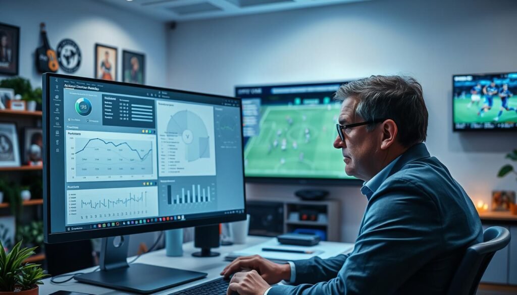 A modern software analytics interface displayed on a sleek computer screen, showcasing detailed charts, player statistics, and tactical formations related to football matches. In the foreground, a professional coach in a smart casual outfit is intently analyzing the data, surrounded by digital overlays of game patterns and opponent strategies. The middle ground features a dynamic workspace filled with football memorabilia, emphasizing a high-tech environment. The background includes a large wall-mounted monitor displaying real-time game footage and highlighted player movements. Soft, focused lighting enhances the atmosphere of concentration and innovation, while a blend of blue and green tones adds a vibrant, engaging feel to the scene, reflecting the energy of the game. A modern software analytics interface displayed on a sleek computer screen, showcasing detailed charts, player statistics, and tactical formations related to football matches. In the foreground, a professional coach in a smart casual outfit is intently analyzing the data, surrounded by digital overlays of game patterns and opponent strategies. The middle ground features a dynamic workspace filled with football memorabilia, emphasizing a high-tech environment. The background includes a large wall-mounted monitor displaying real-time game footage and highlighted player movements. Soft, focused lighting enhances the atmosphere of concentration and innovation, while a blend of blue and green tones adds a vibrant, engaging feel to the scene, reflecting the energy of the game.