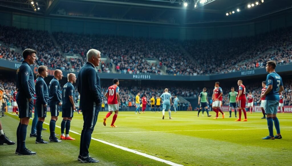 A professional soccer match with a focus on the substitution rule. A well-lit, dynamic stadium scene with a football field in the middle. On the field, two teams of players in distinctive uniforms, engaged in a match. In the foreground, a coach standing on the sideline, closely observing the action and preparing to make a substitution. The coach is surrounded by assistant coaches and substitutes, all poised to enter the game. The background features a crowd of spectators in the stadium stands, creating an atmosphere of excitement and anticipation. The lighting is crisp and natural, highlighting the players' movements and the coach's decisive expression. The camera angle is slightly elevated, providing a panoramic view of the entire scene. A professional soccer match with a focus on the substitution rule. A well-lit, dynamic stadium scene with a football field in the middle. On the field, two teams of players in distinctive uniforms, engaged in a match. In the foreground, a coach standing on the sideline, closely observing the action and preparing to make a substitution. The coach is surrounded by assistant coaches and substitutes, all poised to enter the game. The background features a crowd of spectators in the stadium stands, creating an atmosphere of excitement and anticipation. The lighting is crisp and natural, highlighting the players' movements and the coach's decisive expression. The camera angle is slightly elevated, providing a panoramic view of the entire scene.