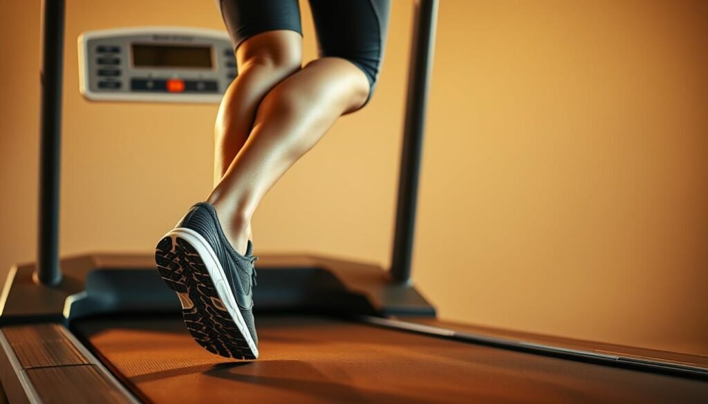 A runner's feet, clad in sleek, high-performance running shoes, stride with purpose on a treadmill. The figure's form is captured in a dynamic, side-profile view, showcasing the graceful arch of the back, the powerful push of the legs, and the focused expression on the runner's face. Warm, natural lighting casts a subtle glow, illuminating the textured fabric of the runner's activewear and the intricate treads of the shoes. The treadmill's display panel is visible in the background, providing a sense of context and setting. The overall scene conveys a sense of discipline, athleticism, and the pursuit of optimal running technique. A runner's feet, clad in sleek, high-performance running shoes, stride with purpose on a treadmill. The figure's form is captured in a dynamic, side-profile view, showcasing the graceful arch of the back, the powerful push of the legs, and the focused expression on the runner's face. Warm, natural lighting casts a subtle glow, illuminating the textured fabric of the runner's activewear and the intricate treads of the shoes. The treadmill's display panel is visible in the background, providing a sense of context and setting. The overall scene conveys a sense of discipline, athleticism, and the pursuit of optimal running technique.