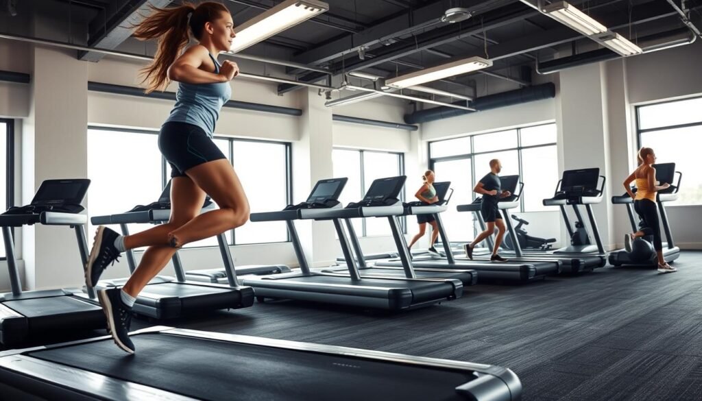 A well-equipped fitness studio with an array of state-of-the-art treadmills. The foreground features a runner in athletic gear, mid-stride on a treadmill, their form and determination visible. The middle ground showcases additional treadmills, each with a different incline and speed setting, as athletes engage in interval training. The background depicts a clean, modern space with natural lighting filtering through large windows, creating a sense of openness and motivation. The scene conveys a professional, high-performance atmosphere suitable for elite athletes and fitness enthusiasts alike. A well-equipped fitness studio with an array of state-of-the-art treadmills. The foreground features a runner in athletic gear, mid-stride on a treadmill, their form and determination visible. The middle ground showcases additional treadmills, each with a different incline and speed setting, as athletes engage in interval training. The background depicts a clean, modern space with natural lighting filtering through large windows, creating a sense of openness and motivation. The scene conveys a professional, high-performance atmosphere suitable for elite athletes and fitness enthusiasts alike.