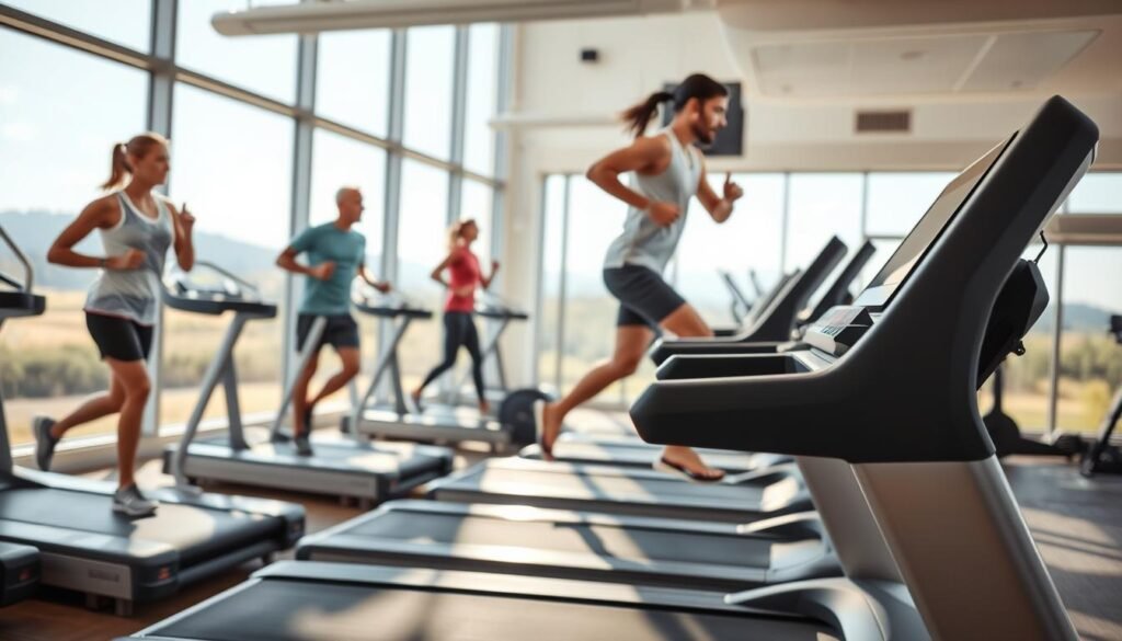 A well-lit, high-resolution image of a modern treadmill setup in a spacious fitness center. The treadmill is positioned prominently in the foreground, showcasing its sleek design and advanced safety features. The middle ground depicts fitness trainers demonstrating proper running form and technique to athletes. The background features a bright, airy atmosphere with large windows overlooking a scenic outdoor landscape. The overall mood is one of safety, professionalism, and dedication to athletic performance. A well-lit, high-resolution image of a modern treadmill setup in a spacious fitness center. The treadmill is positioned prominently in the foreground, showcasing its sleek design and advanced safety features. The middle ground depicts fitness trainers demonstrating proper running form and technique to athletes. The background features a bright, airy atmosphere with large windows overlooking a scenic outdoor landscape. The overall mood is one of safety, professionalism, and dedication to athletic performance.