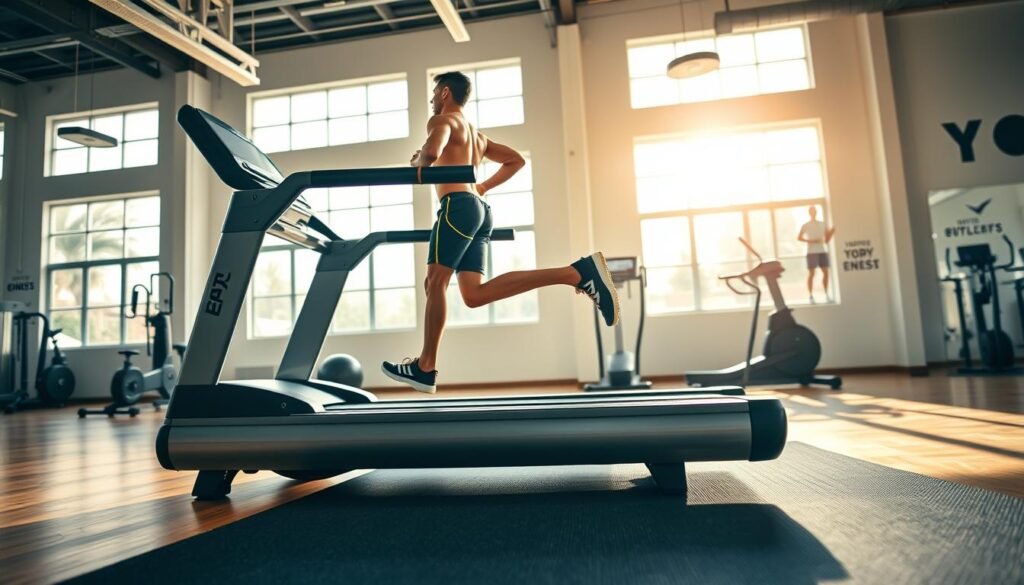A well-lit indoor gymnasium with a professional-grade treadmill in the foreground. The treadmill is positioned on a soft rubber mat, with adjustable handrails and a large display screen. The athlete is running on the treadmill, their form and posture demonstrating proper safety techniques. The background features windows letting in natural light, with exercise equipment and motivational wall decals visible. The overall scene conveys a safe, controlled, and comfortable environment for cardiovascular training, suitable for a fitness article on treadmill usage. A well-lit indoor gymnasium with a professional-grade treadmill in the foreground. The treadmill is positioned on a soft rubber mat, with adjustable handrails and a large display screen. The athlete is running on the treadmill, their form and posture demonstrating proper safety techniques. The background features windows letting in natural light, with exercise equipment and motivational wall decals visible. The overall scene conveys a safe, controlled, and comfortable environment for cardiovascular training, suitable for a fitness article on treadmill usage.