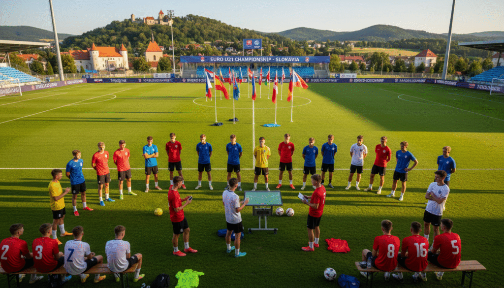 A vibrant scene showcasing the excitement of the Euro U21 Championship featuring 16 diverse national teams in Slovakia. In the foreground, young athletes in professional sports attire, representing their countries, engage in spirited discussions and strategies. The middle ground includes a soccer field adorned with flags of the participating nations, while sporting equipment like balls and jerseys adds texture. The background features the picturesque Slovakian landscape, with rolling hills and historic architecture, under a bright, sunny sky. The atmosphere is electric, capturing the energy and anticipation of a prestigious tournament. The lighting is warm and natural, emphasizing the camaraderie and passion of the players, all presented from a slightly elevated angle to encapsulate the dynamic environment.