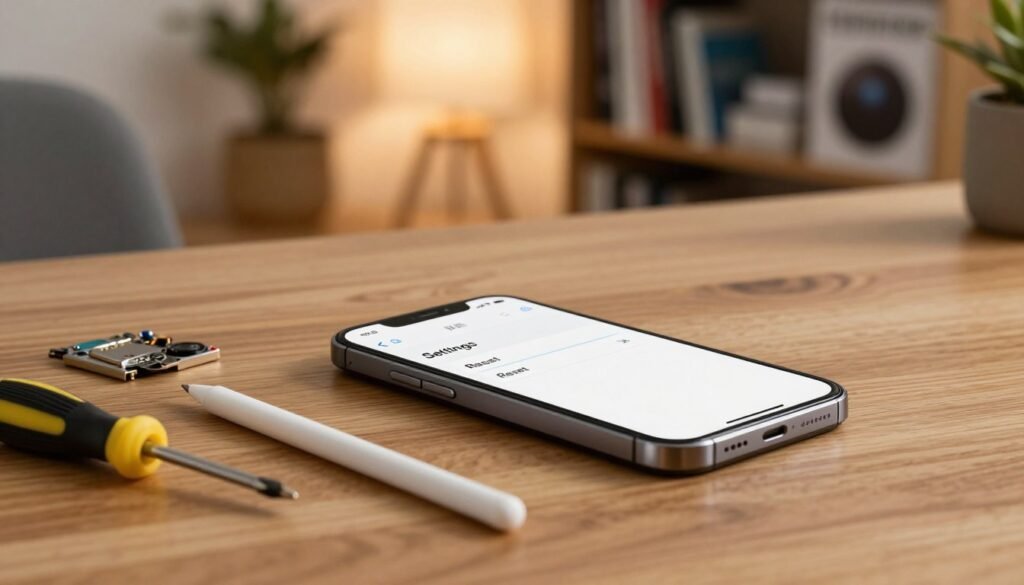 A modern, sleek smartphone lying on a wooden desk, its screen displaying the "Settings" app with a focus on the "Reset" option highlighted. In the foreground, there are neatly arranged tools, such as a small screwdriver and a stylus, symbolizing tech repair. The middle ground features a soft, blurred home environment with a cozy lighting ambiance, creating a tech-savvy atmosphere. In the background, a subtle glimpse of a bookshelf filled with technology manuals and gadgets enhances the scene. The overall mood is calm and introspective, implying a moment of problem-solving. The lighting is warm and inviting, with a shallow depth of field to draw attention to the smartphone and tools.