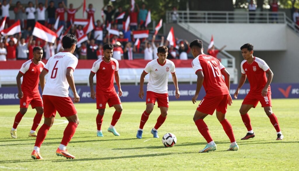 A vibrant and dynamic scene capturing the essence of the Indonesian national football team, Garuda, as they prepare for the challenging AFC Asian Cup 2027 qualifiers. In the foreground, a group of players in striking red and white kits engage in an intense training session, displaying determination and teamwork. The middle ground features a well-maintained football pitch under the bright afternoon sun, casting realistic shadows that enhance the players' movements. In the background, a cheering crowd waves Indonesian flags, with a stadium partially visible, adding to the atmosphere of hope and excitement. The lighting is bright and warm, creating an optimistic mood. The shot is captured at a low angle, emphasizing the athletes' strength and commitment towards their goal.